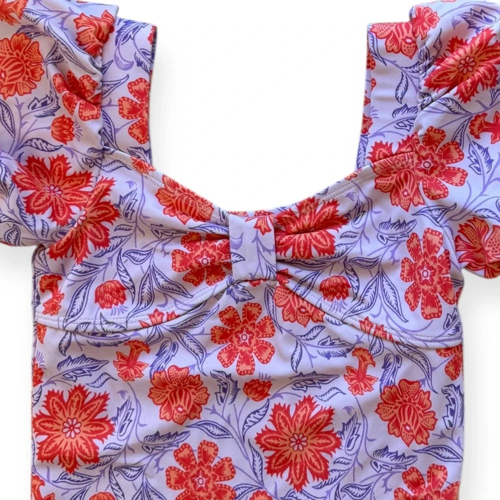 Janie and Jack Kids Girls Size 8 Floral Print One Piece Swimsuit Puff Sleeve Bow